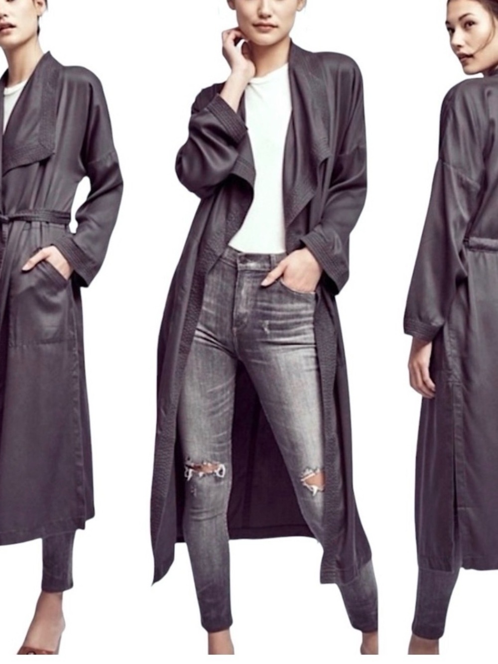 Long Open Drape Trench Coat - Charcoal Black